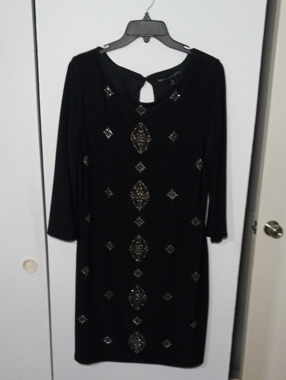 White House Black Market Black Long-Sleeve Beaded Shift Dress Sz XL